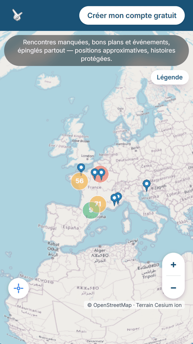 Le globe SeeYouLater sur un téléphone, avec des marqueurs de rencontres regroupés sur une ville